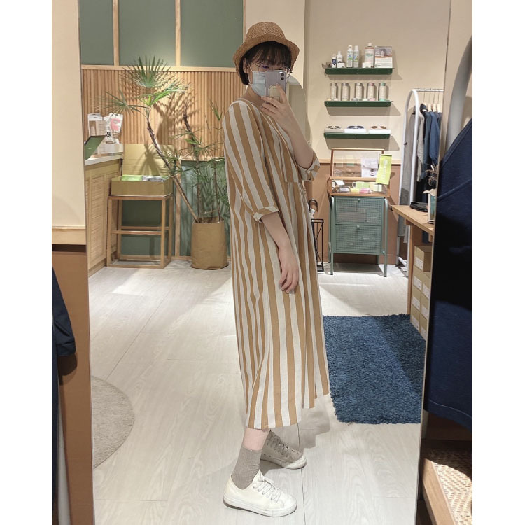 夏艾條紋七分袖洋裝-丁柿