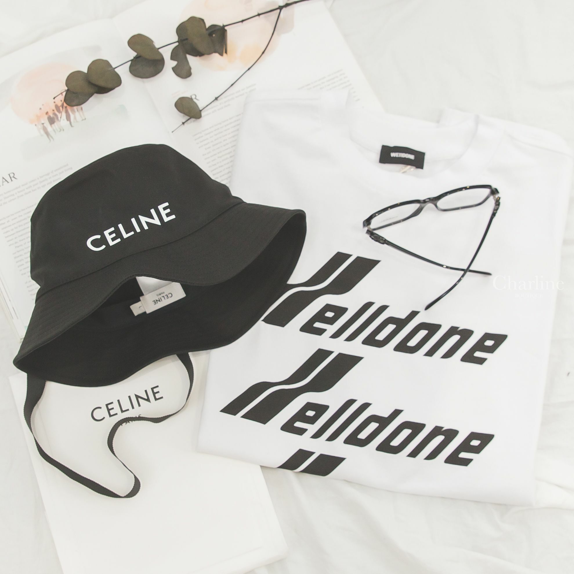Chanel Square Eyeglasses 黑色側邊黑水鑽皮穿鍊CC中型方框平光眼鏡,Celine Celine Bucket Hat In Gabardine Cotton 黑色白字印花棉質漁夫帽-Charline Boutique 精品代購