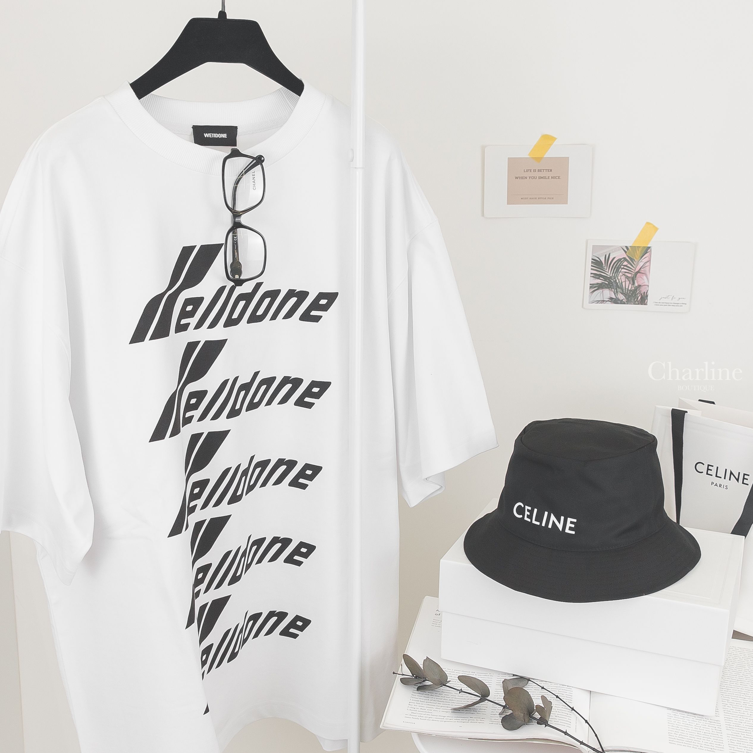 Chanel Square Eyeglasses 黑色側邊黑水鑽皮穿鍊CC中型方框平光眼鏡,Celine Celine Bucket Hat In Gabardine Cotton 黑色白字印花棉質漁夫帽-Charline Boutique 精品代購