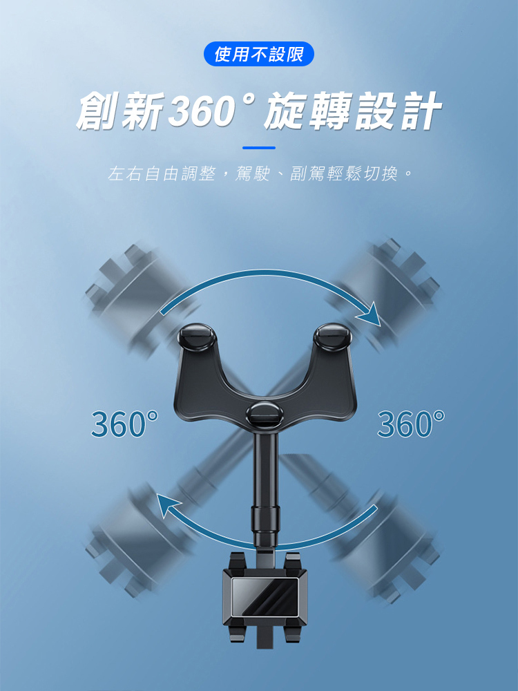 使用不設限創新360旋轉設計左右自由調整,駕駛、副駕輕鬆切換。360360°