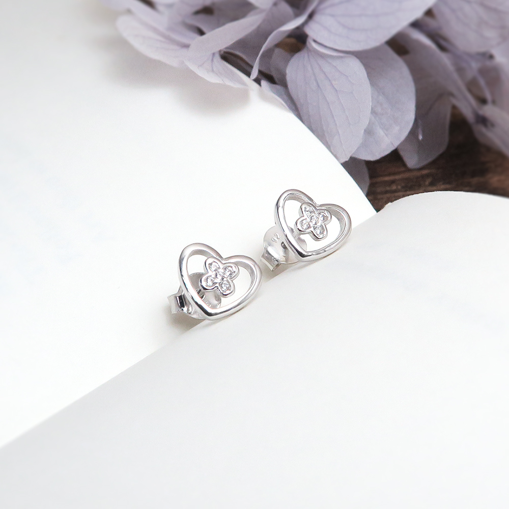 幸運草之心 美鑽款 925純銀鍍金耳環