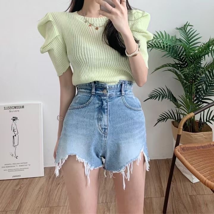 7161雙排釦破壞流鬚牛仔短褲