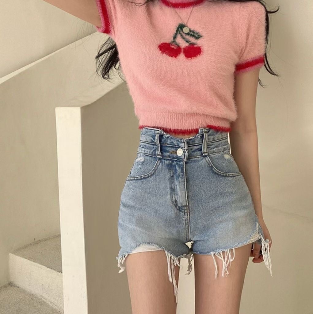 7161雙排釦破壞流鬚牛仔短褲