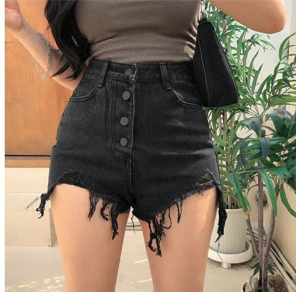 7139 SEXY四釦流鬚不規則褲腳牛仔短褲