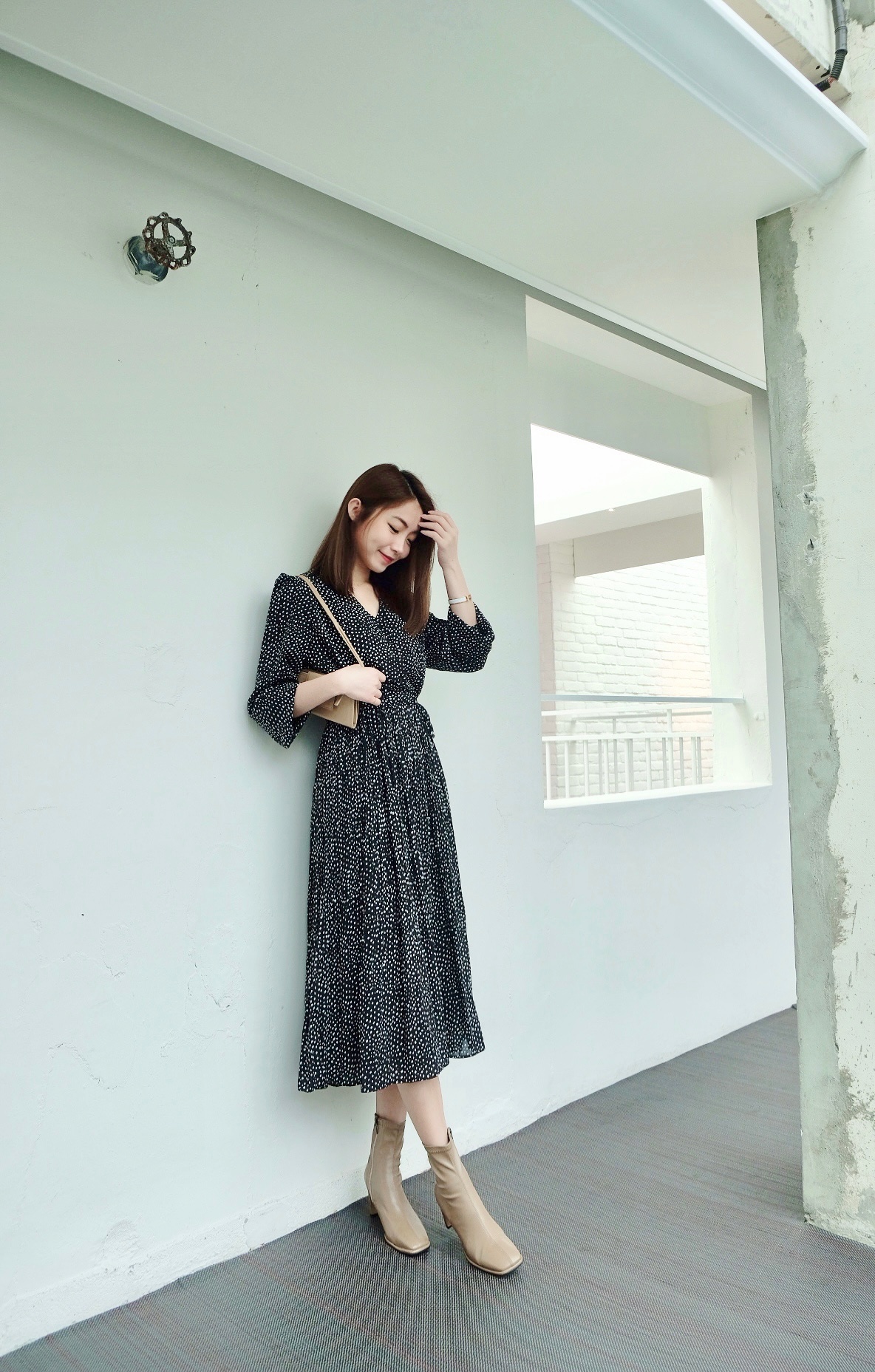 漫步森林方點豹紋側綁百摺洋(2色)