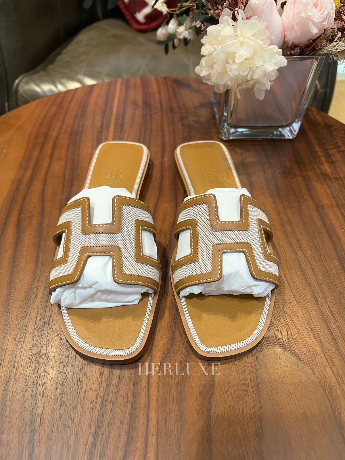 Oran sandal veau & toile noisette / beige doré ( 可預訂鞋碼）