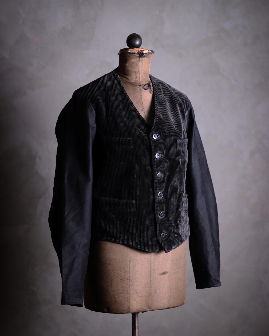 1930's~1940's French Black Corduroy x Moleskin Gilet Jacket