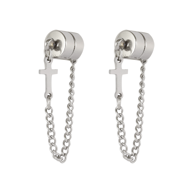 白鋼耳飾，男士耳飾 十字架鎖鏈造型；無洞磁吸（2473）