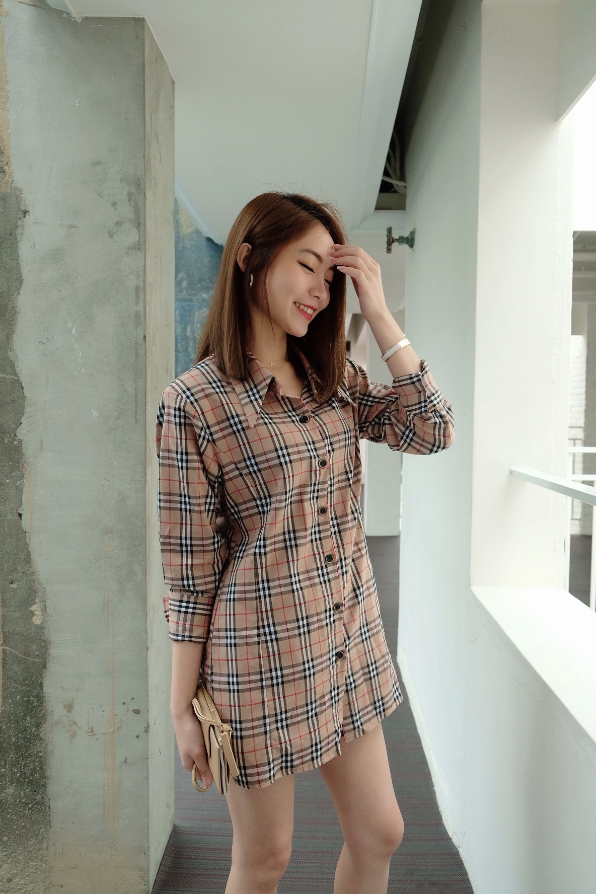 設計櫃超正點英倫奶茶格紋襯衫洋