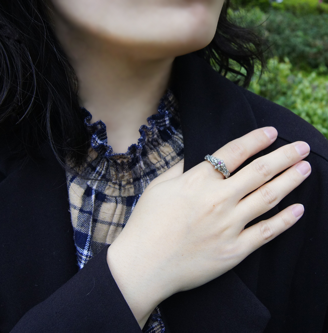 紅寶米珠花朵戒指