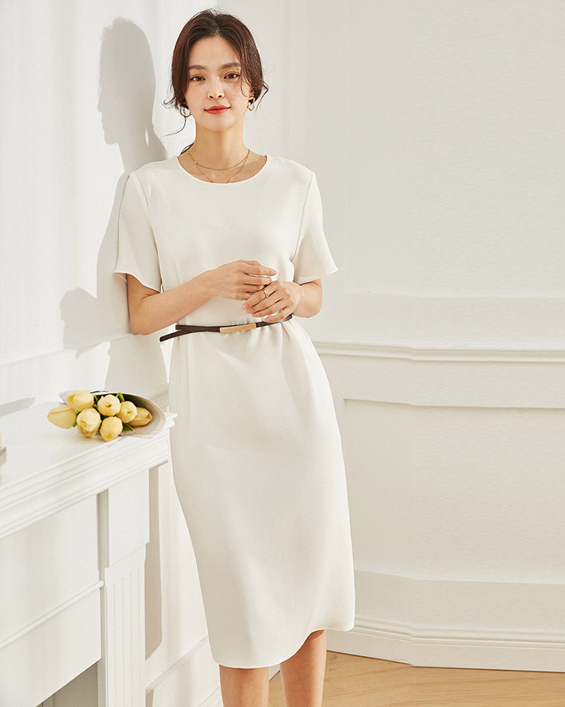 DEER.W 圓領素面直筒醋酸洋裝 白色
