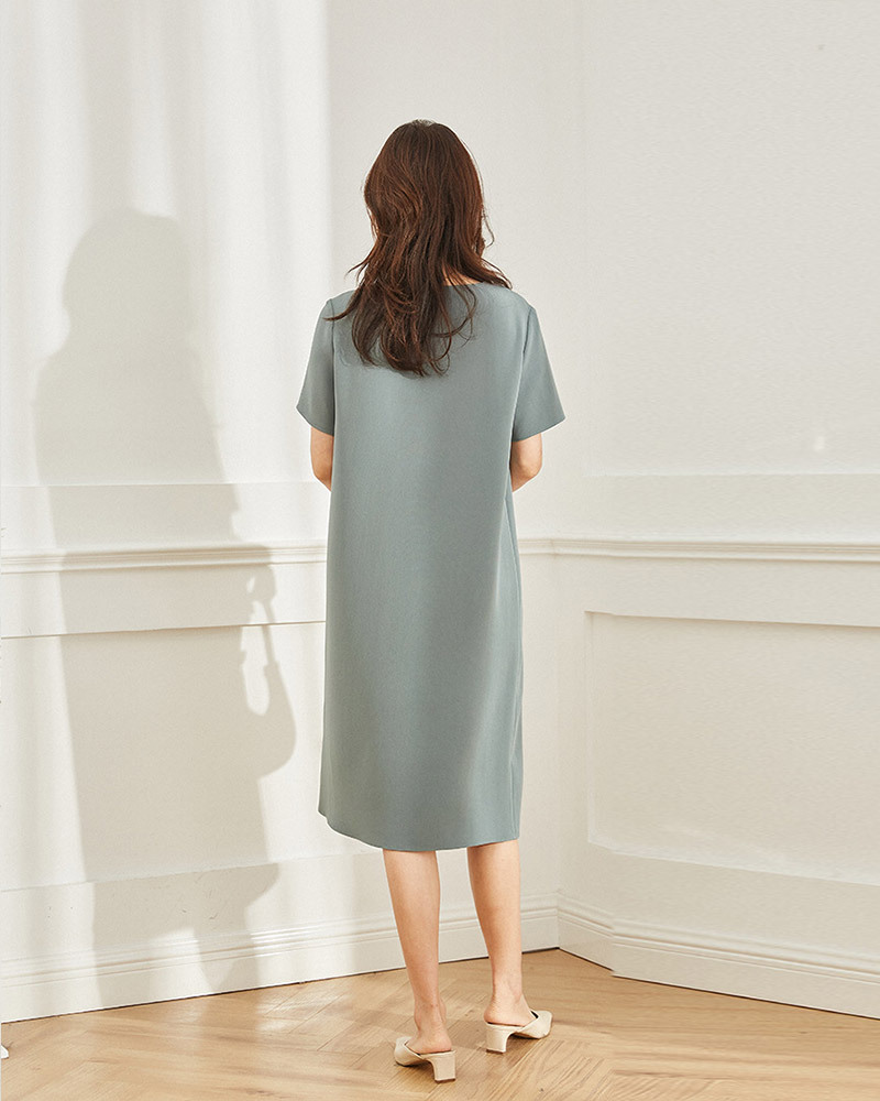 DEER.W 圓領素面直筒醋酸洋裝 灰藍