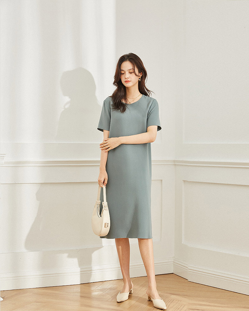 DEER.W 圓領素面直筒醋酸洋裝 灰藍