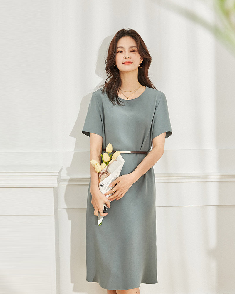 DEER.W 圓領素面直筒醋酸洋裝 灰藍
