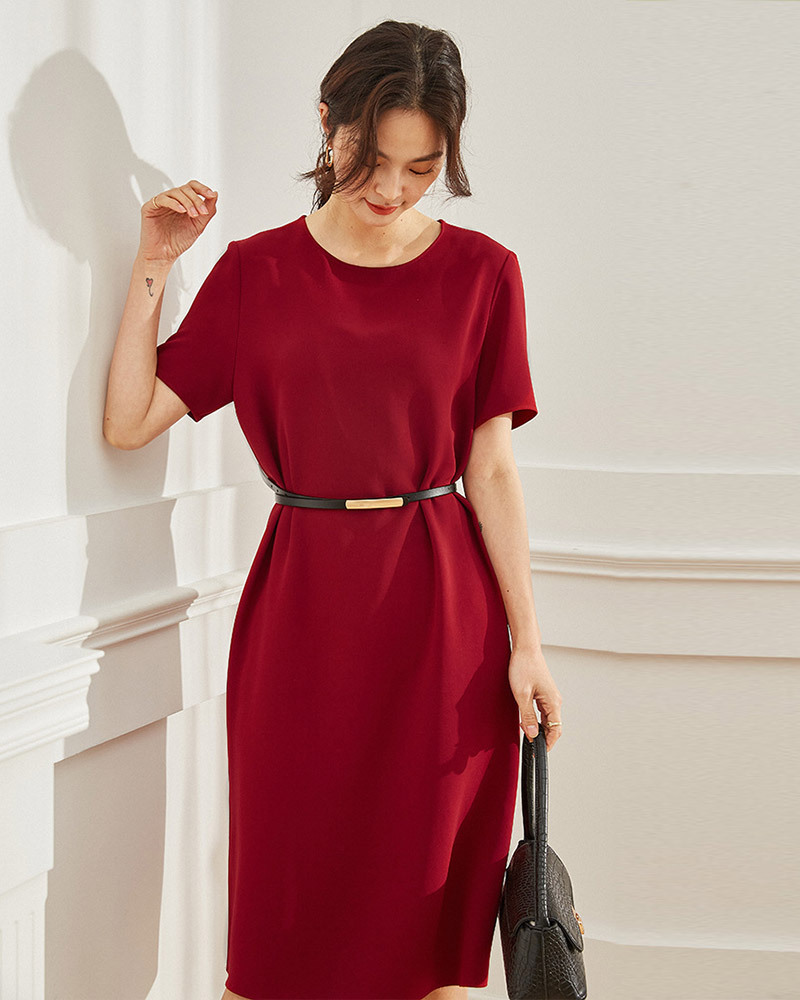 DEER.W 圓領素面直筒醋酸洋裝 紅色