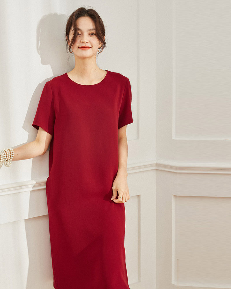 DEER.W 圓領素面直筒醋酸洋裝 紅色