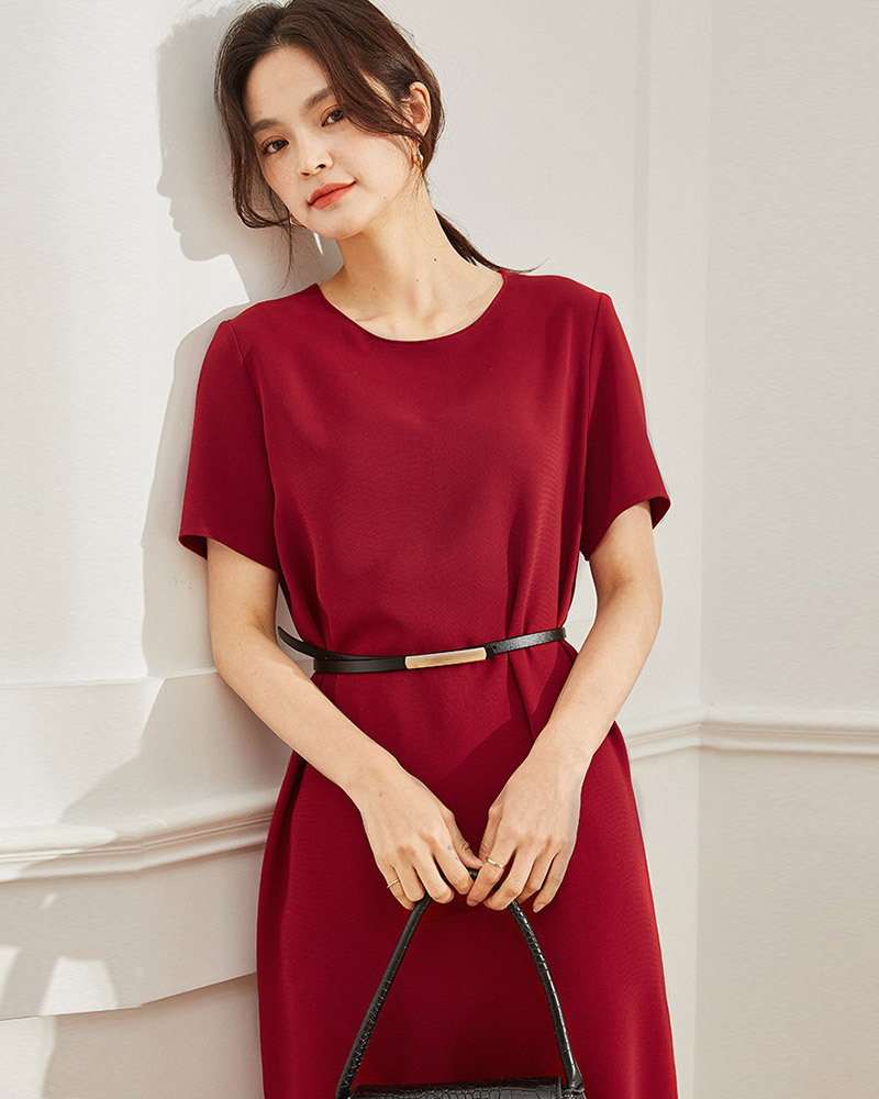 DEER.W 圓領素面直筒醋酸洋裝 紅色