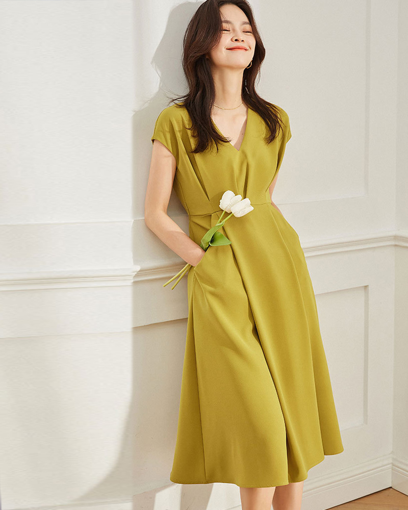 DEER.W V領收腰綁帶傘襬洋裝 黃綠