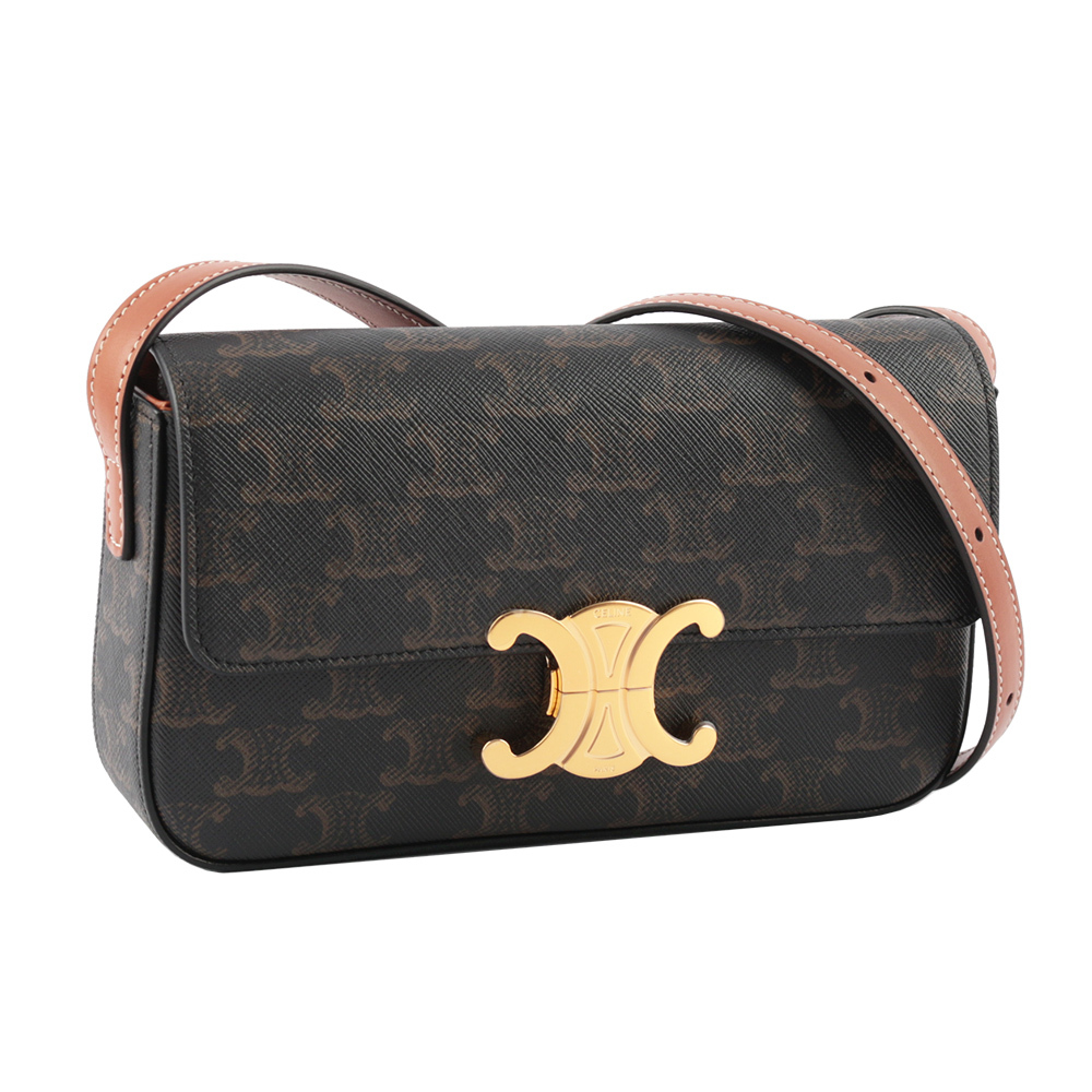 【CELINE】TRIOMPHE 凱旋標誌印花牛皮肩背包(咖啡色)