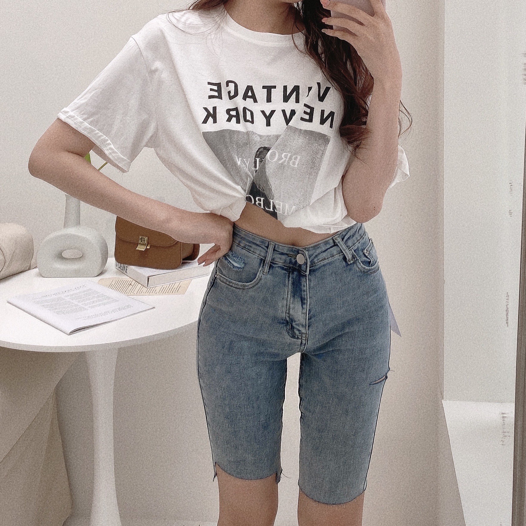 激瘦側割不規則牛仔五分褲/二色