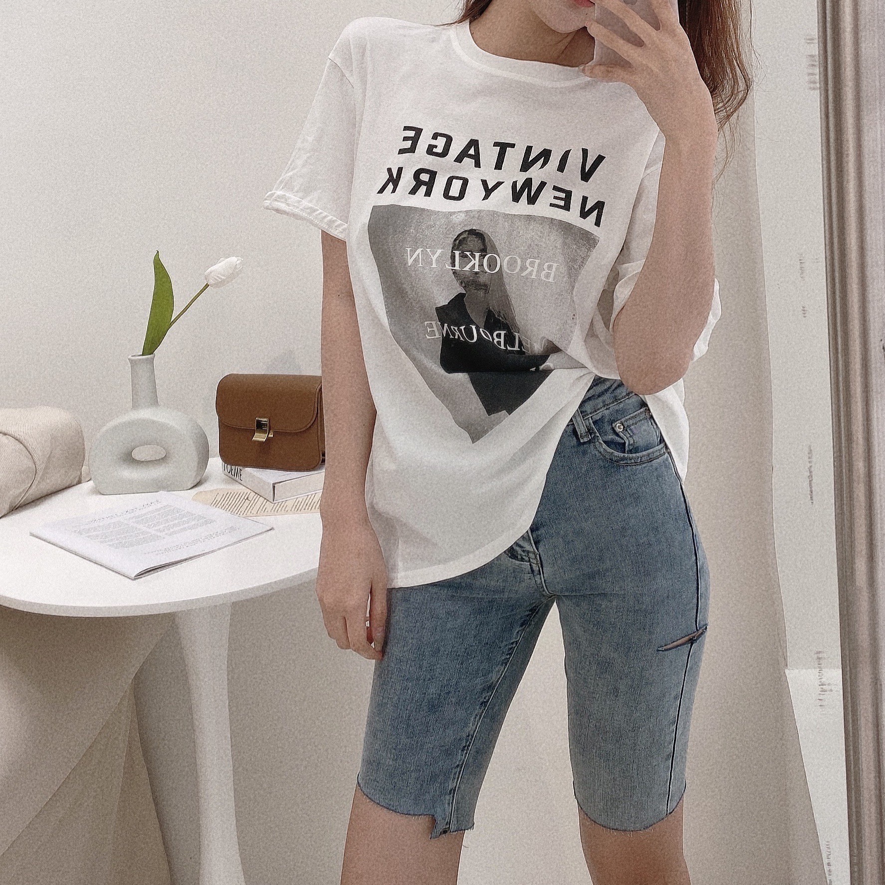 激瘦側割不規則牛仔五分褲/二色