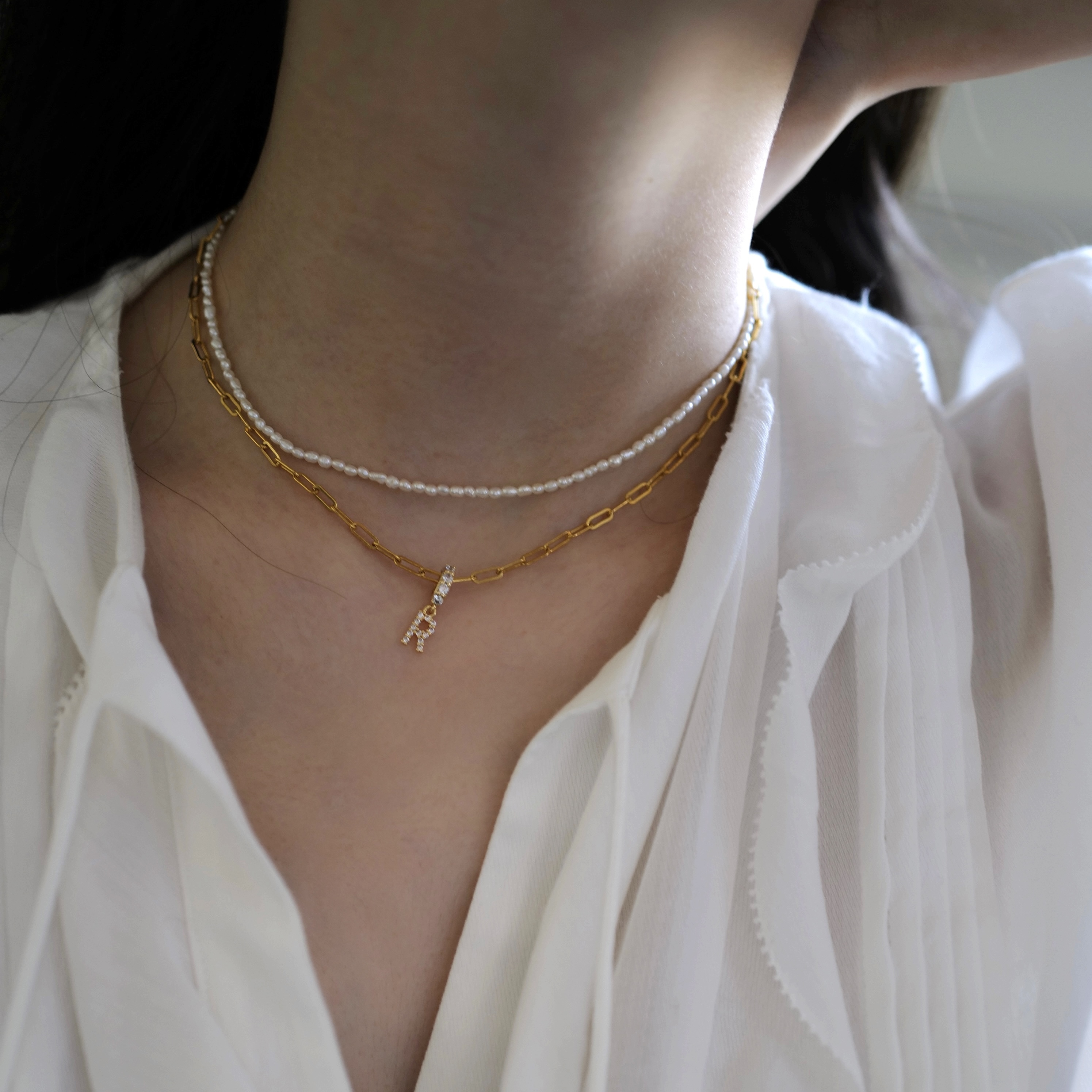 Letter Chain Pearls Necklace｜14K