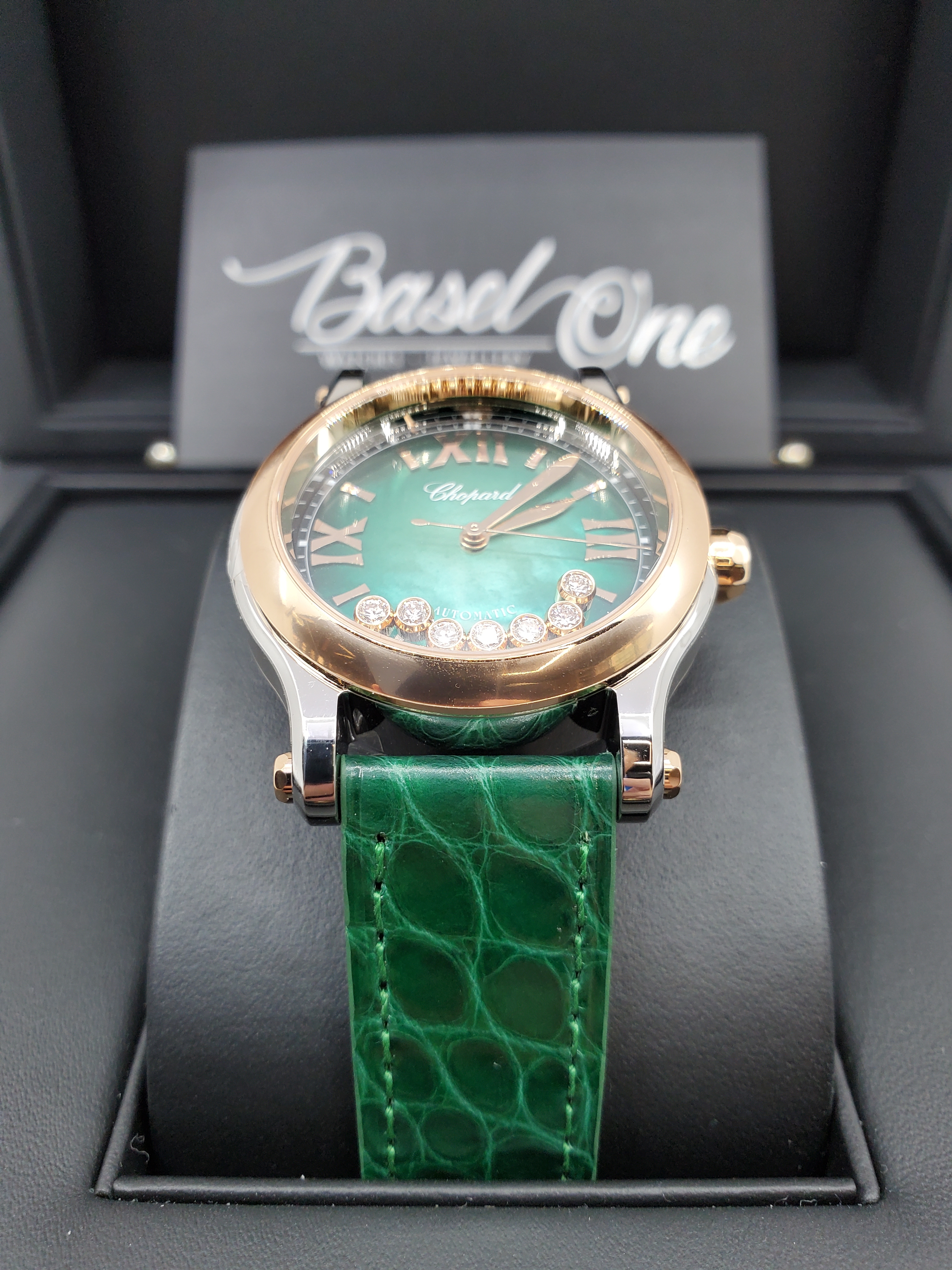 DISCONTINUED BRAND NEW CHOPARD 278578-6002 GREEN DIAL HAPPY SPORT ROSE GOLD 36 MM