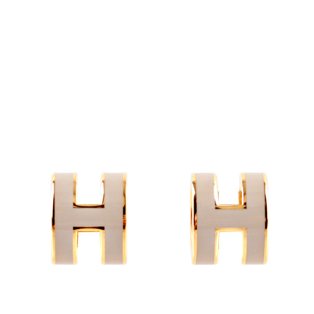 【HERMES】Mini Pop H立體簍空橢圓LOGO耳環(奶茶色/金色)