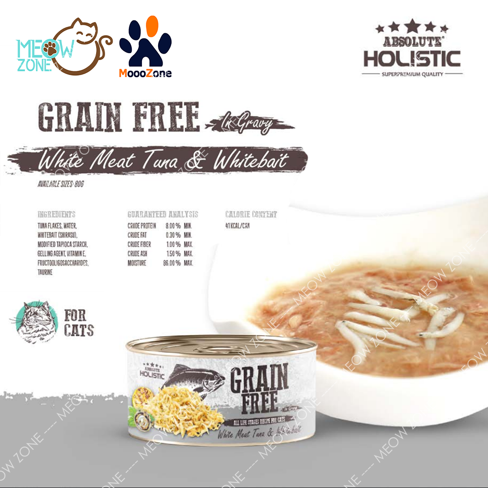 Absolute Holistic Grain Free 肉絲湯汁貓罐 80g - Tuna & Whitebait 白肉鮪魚+銀魚