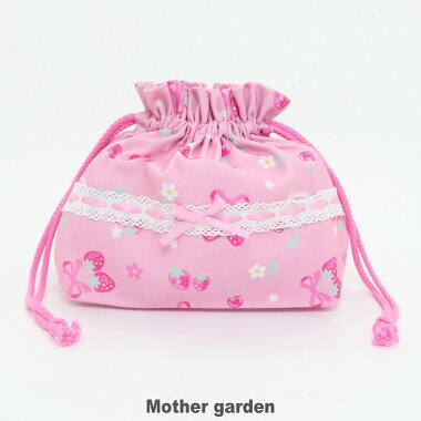 【日本Mother Garden】(午餐袋/午餐墊 大/束口袋)草莓蝴蝶結
