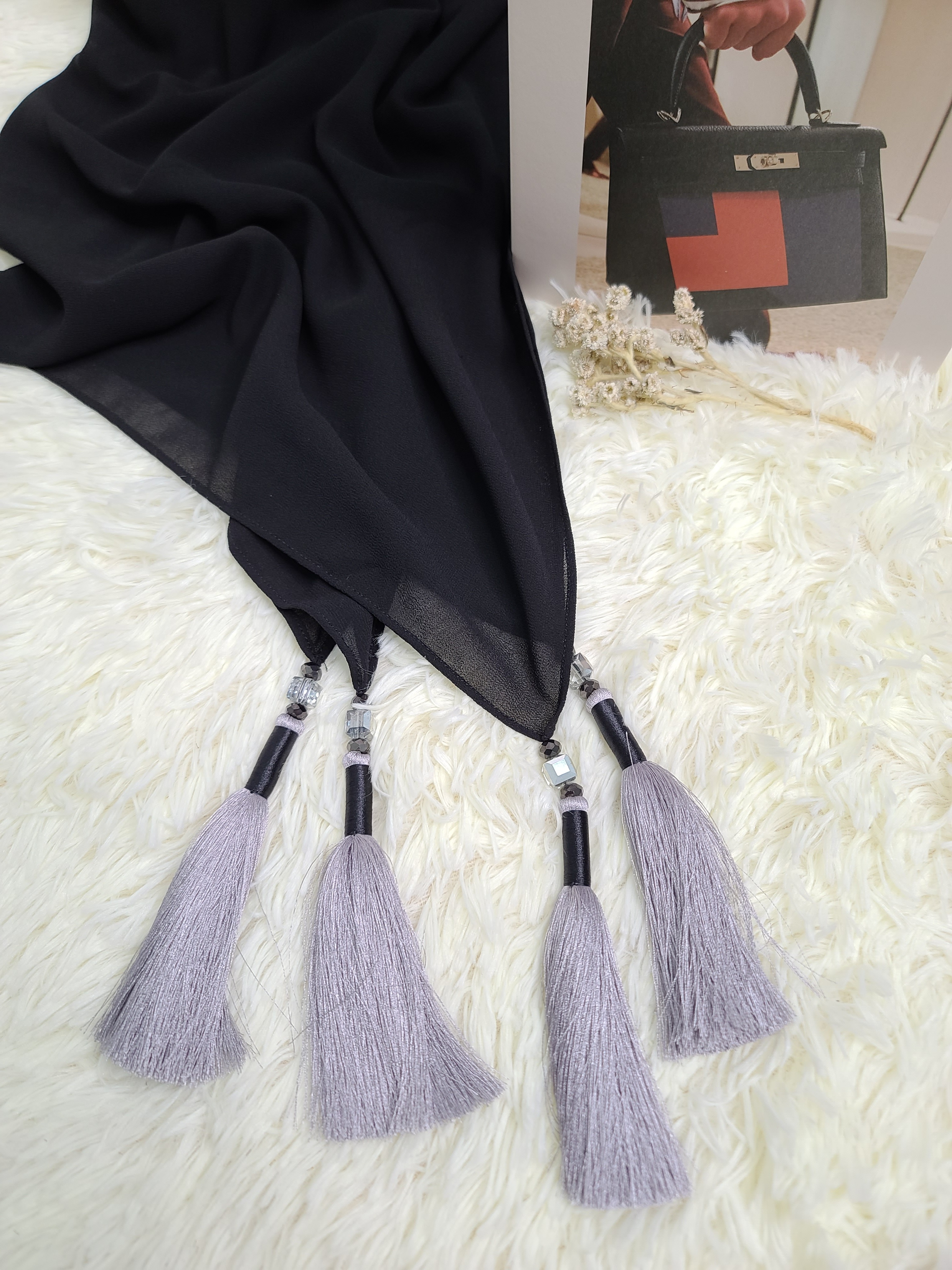 Kysha Premium Tassel Shawl Coal Silver