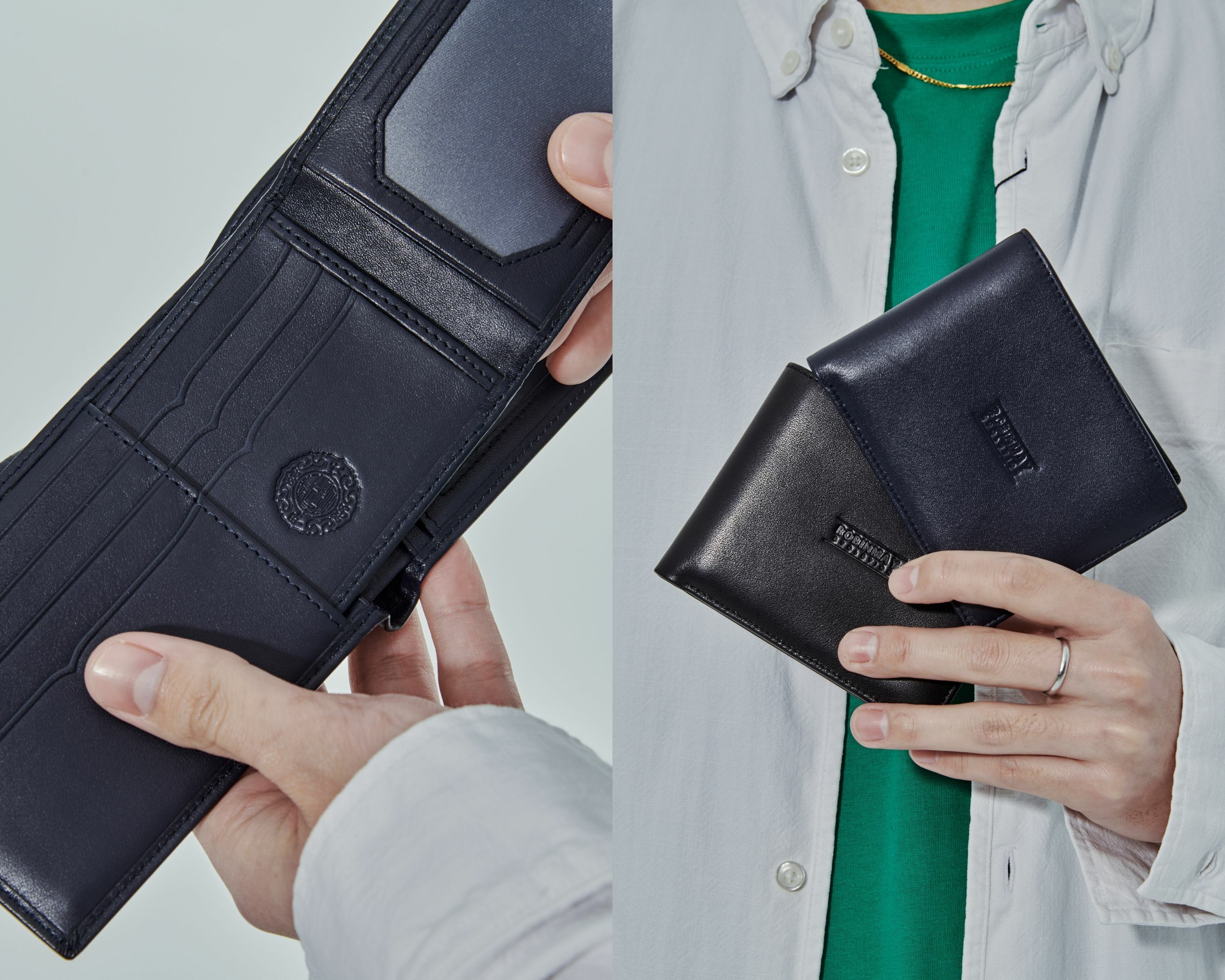 御守真皮短夾，光滑皮革設計。