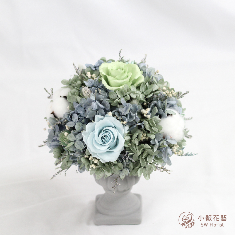 |歐式畢德邁爾圓形桌花-藍綠色系-喬遷送禮-永生花盆栽-大型|