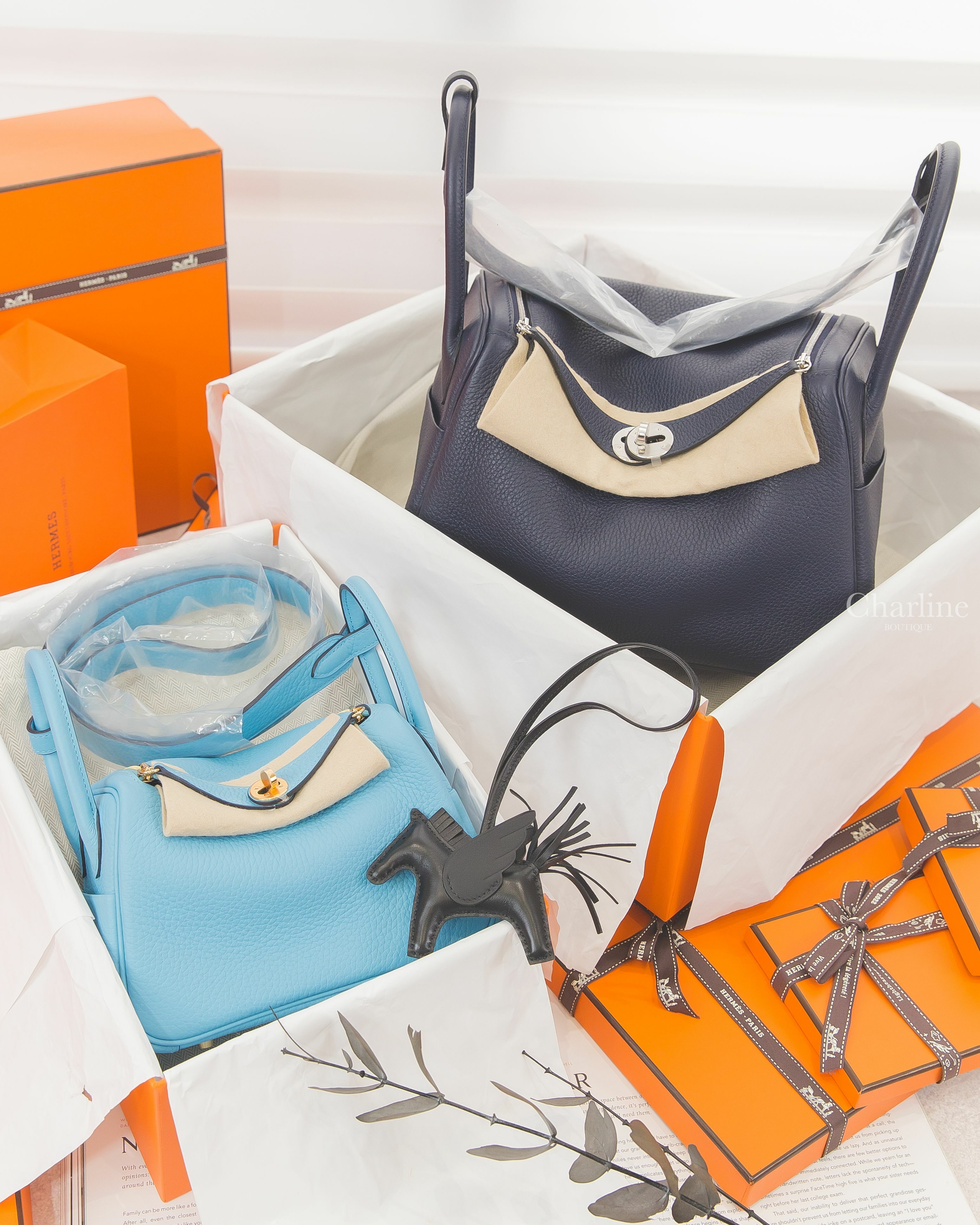 Hermès Lindy Mini P3 T/C 北方藍金釦,Hermès Lindy 26cm 2Z T/C 午夜藍銀釦,Hermès Rodeo PM Pegase 黑色小型飛馬吊飾-Charline Boutique 精品代購