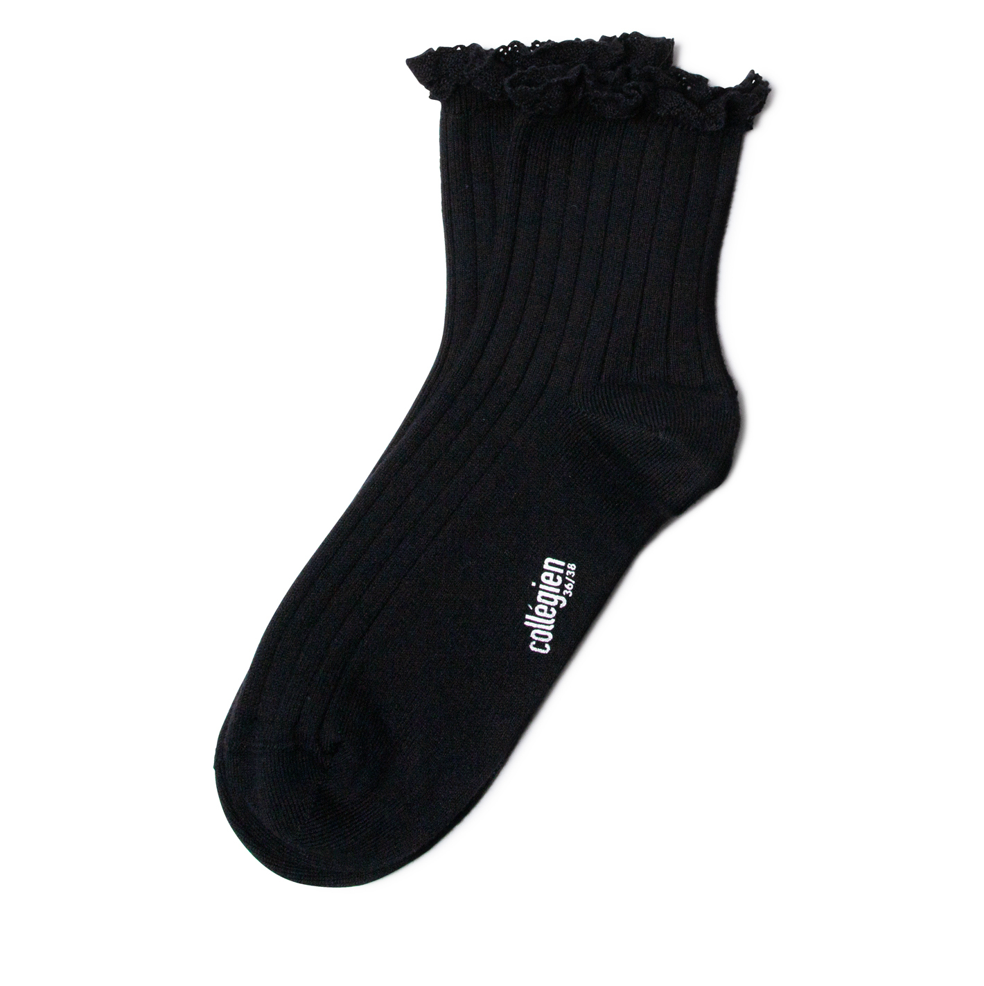COLLÉGIEN - Lili Lace Trim Ribbed Ankle Socks（Noir de Charbon）