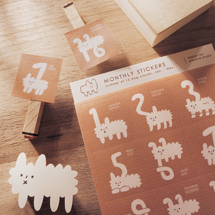 右手超人｜絕版｜月份貼紙｜狗狗雲數字