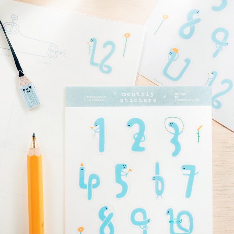 右手超人｜絕版｜1-12月數字透明貼紙｜藍數字