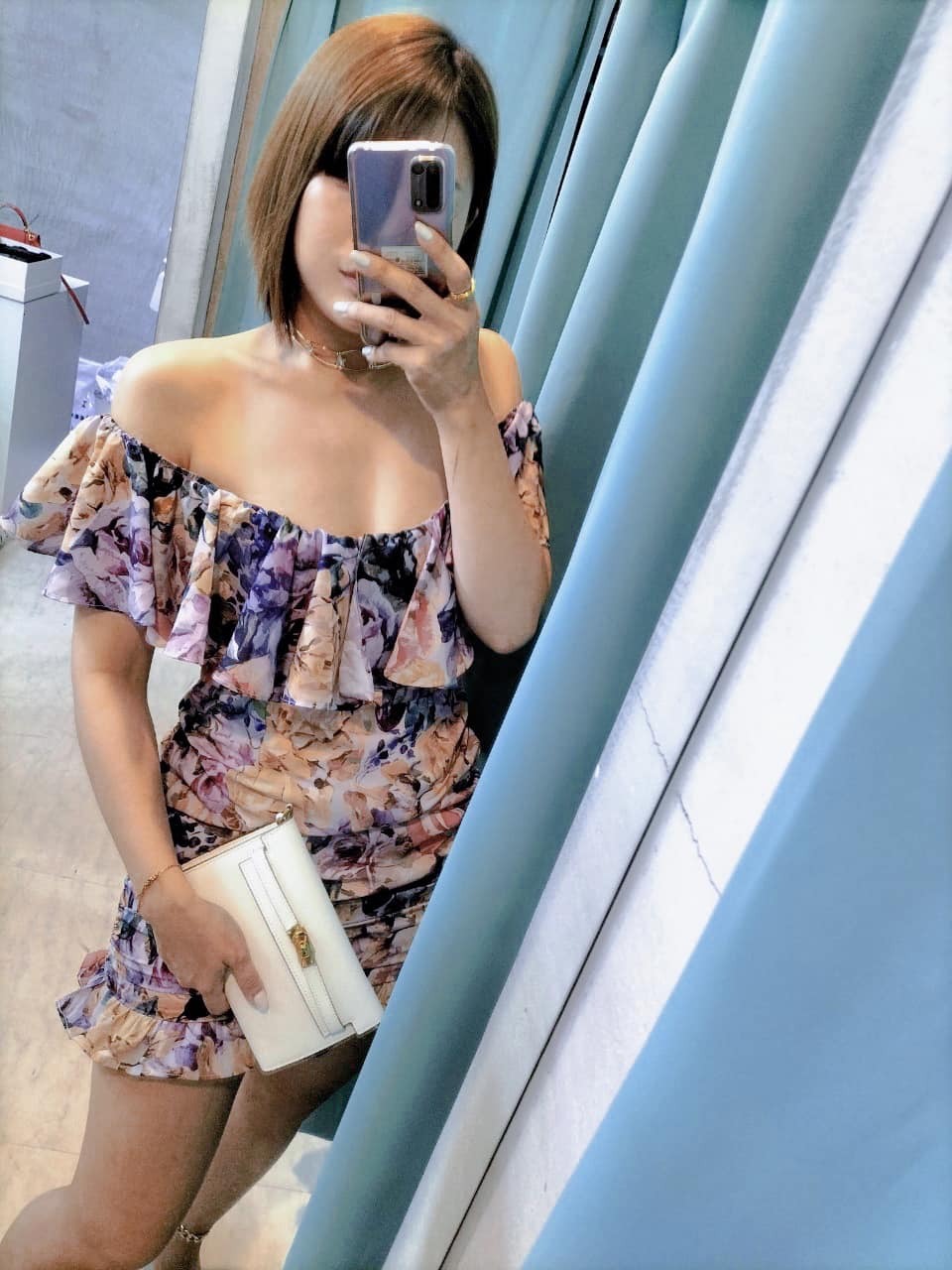 復古印花 荷葉邊修身洋裝