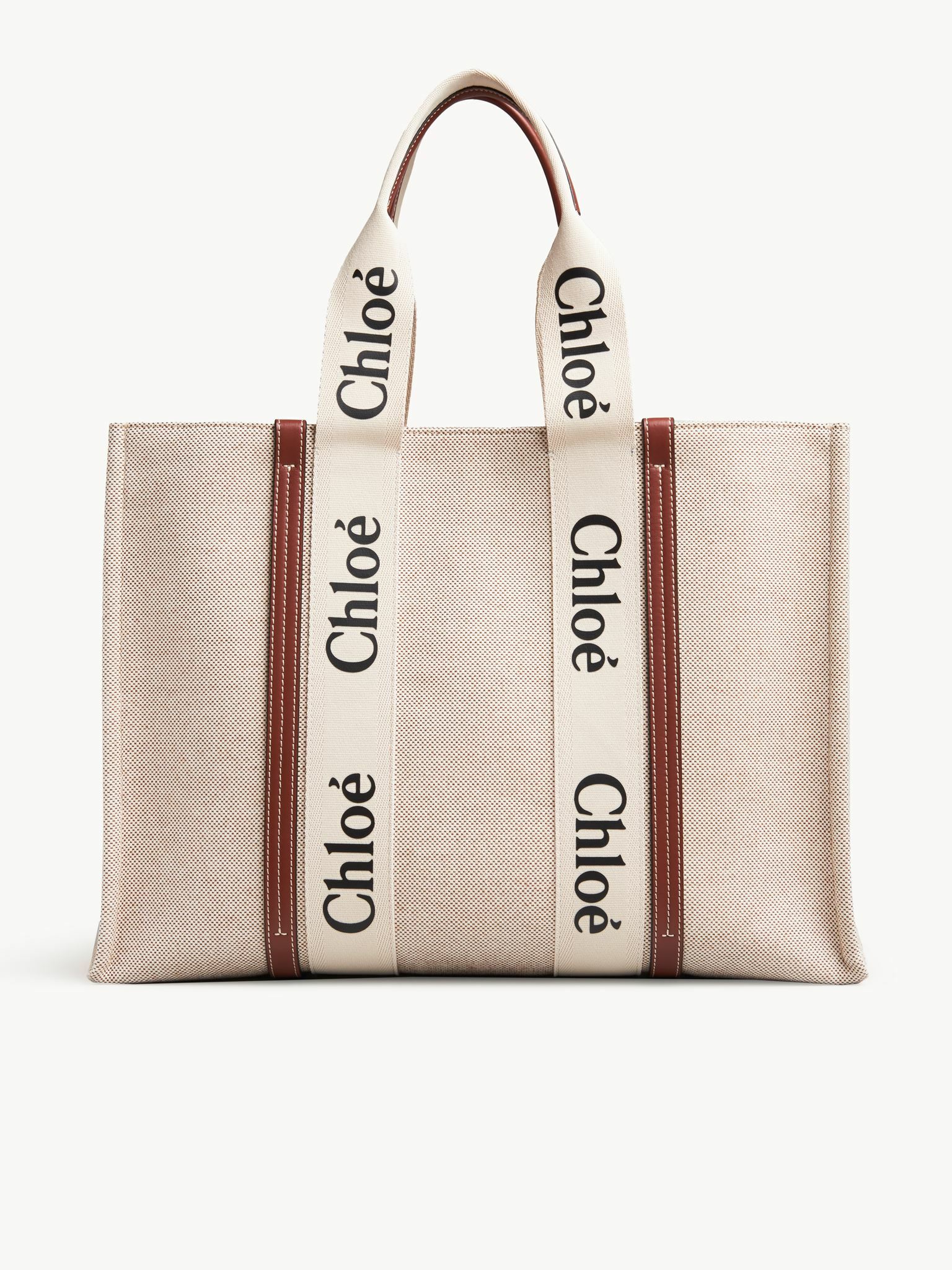 CHLOE LARGE WOODY TOTE BAG IN COTTON CANVAS & SHINY CA
