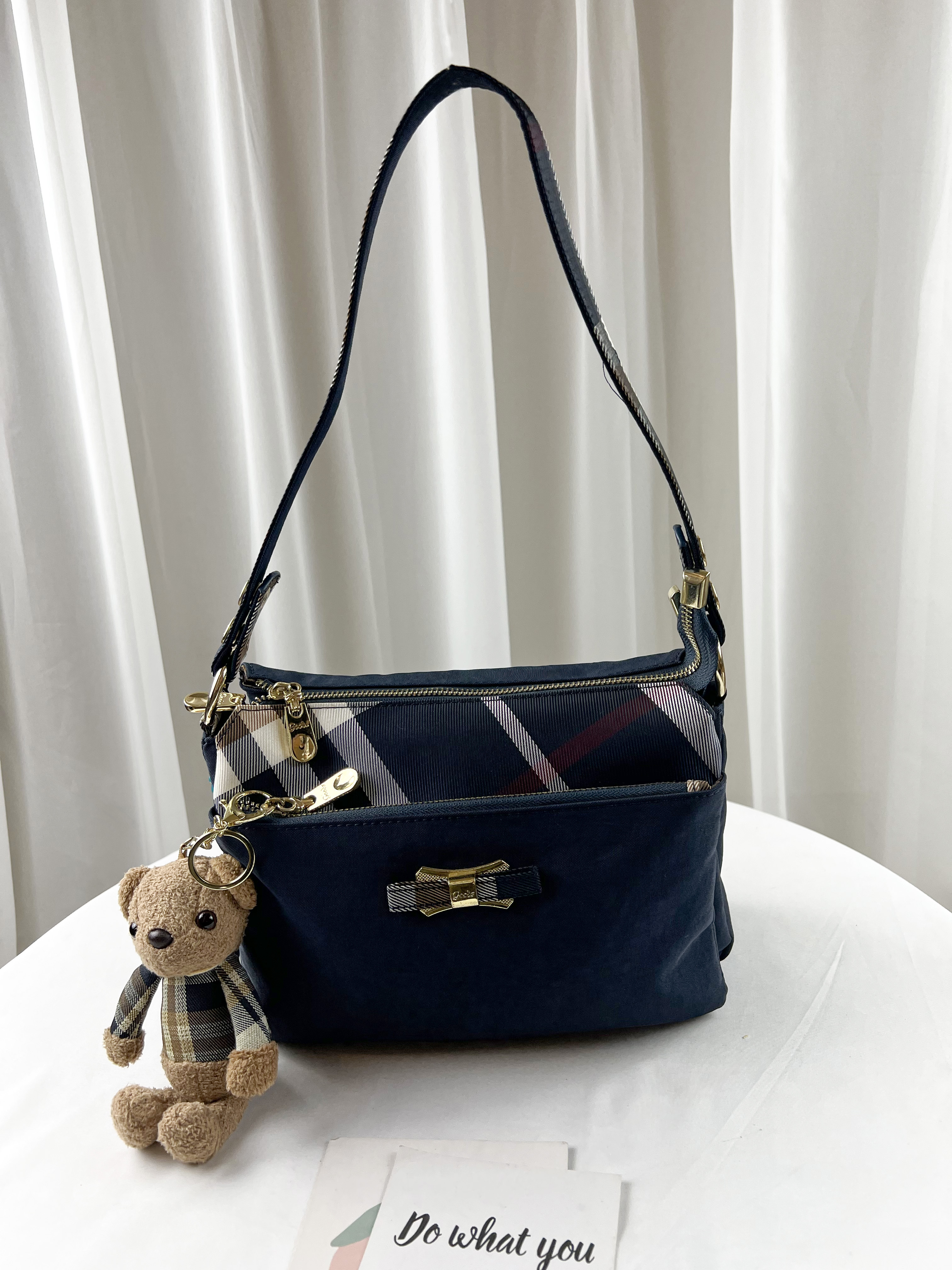 GOODS 水洗藍格紋拼色肩背包 / 側背包 附小熊吊飾 #29259