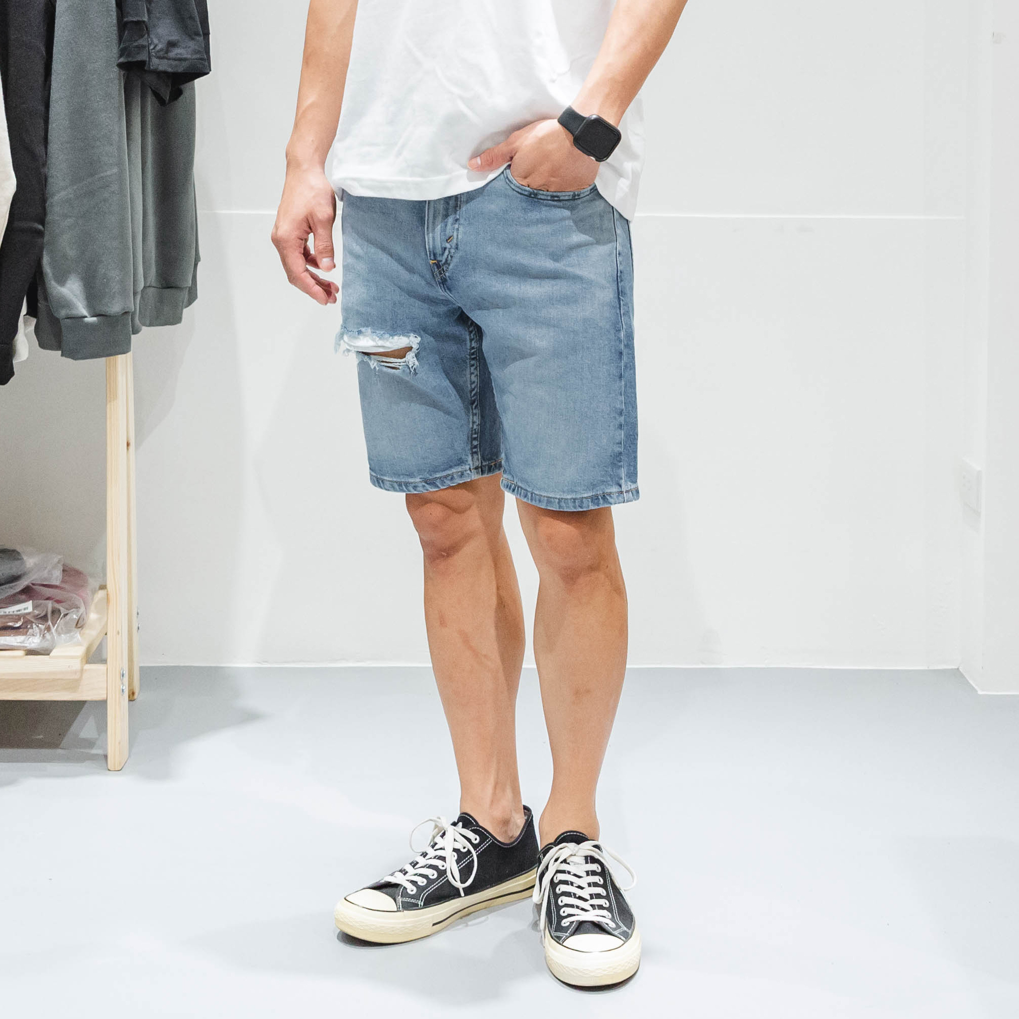 LEVI'S 412-0056貓鬚 淺藍 破壞 膝上 修身窄管 牛仔短褲【LVS4120056】