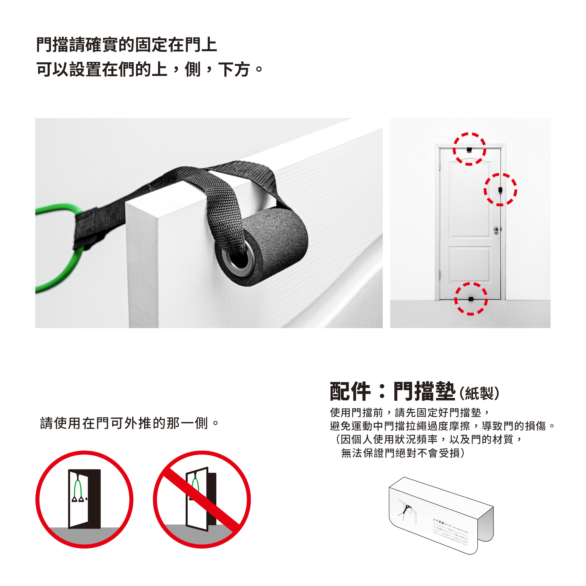 門擋請確實的固定在門可以設置在們的上,側,下方請使用在門可外推的那一側。配件:門擋墊(紙製)使用門擋前,請先固定好門擋墊,避免運動中門擋拉繩過度摩擦,導致門的損傷。(因個人使用狀況頻率,以及門的材質,無法保證門絕對不會受損)す。ドアに上からドアシートください