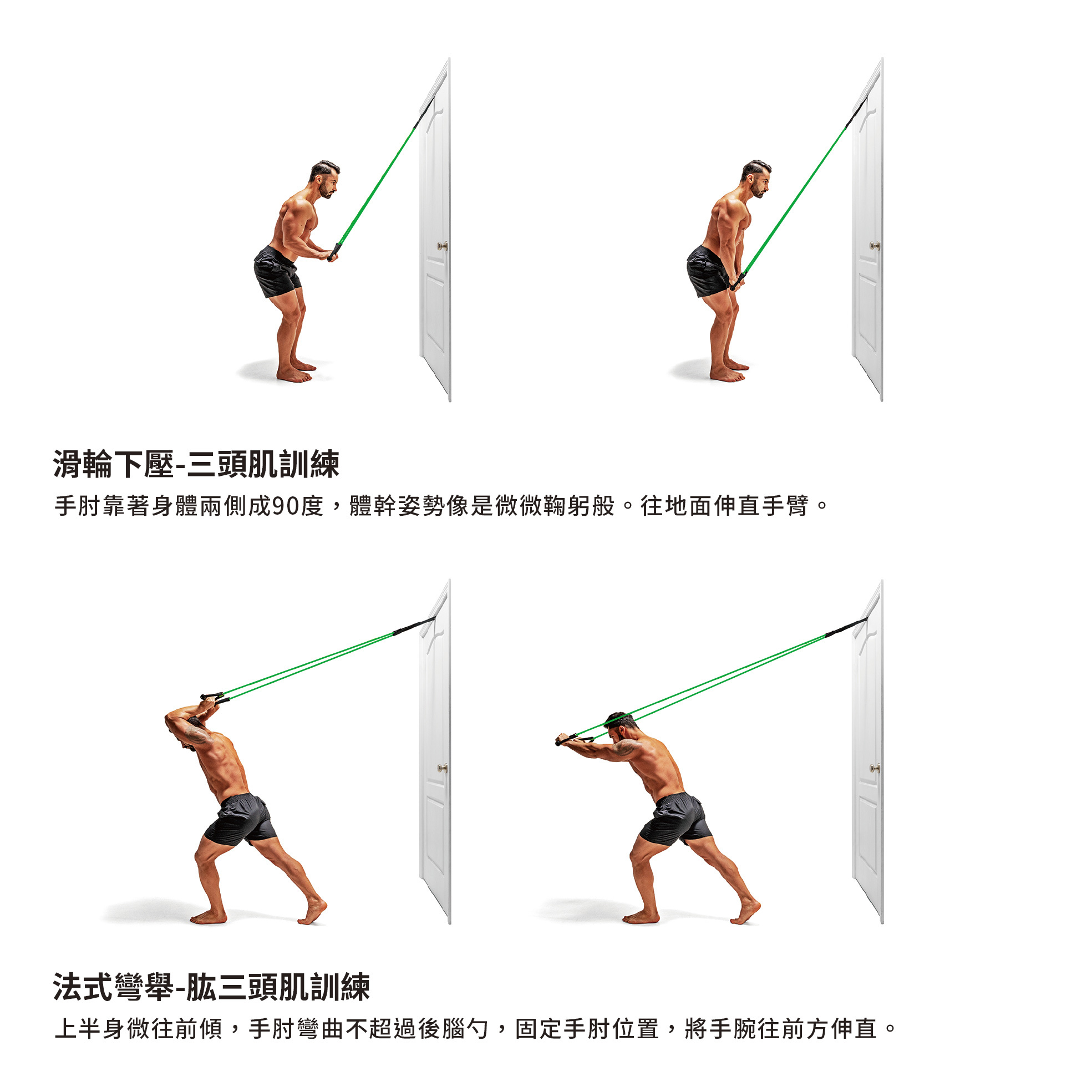 滑輪下壓-三頭肌訓練手肘靠著身體兩側成90度,體幹姿勢像是微微鞠躬般。往地面伸直手臂法式彎舉-肱三頭肌訓練上半身微往前傾,手肘彎曲不超過後腦勺,固定手肘位置,將手腕往前方伸直。