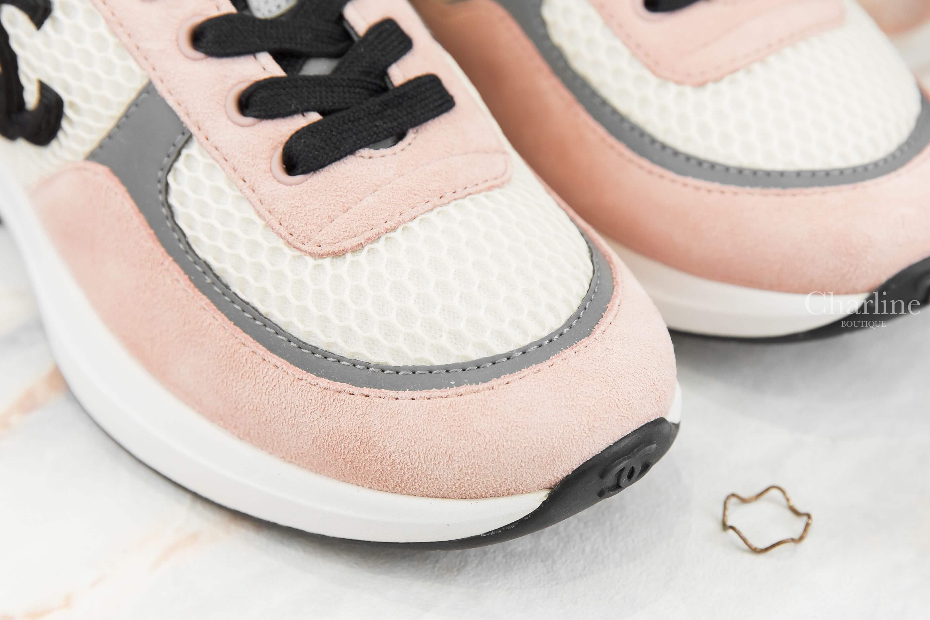 Chanel Trainers 粉色麂皮拼白色網狀布面灰色皮革黑CC運動鞋