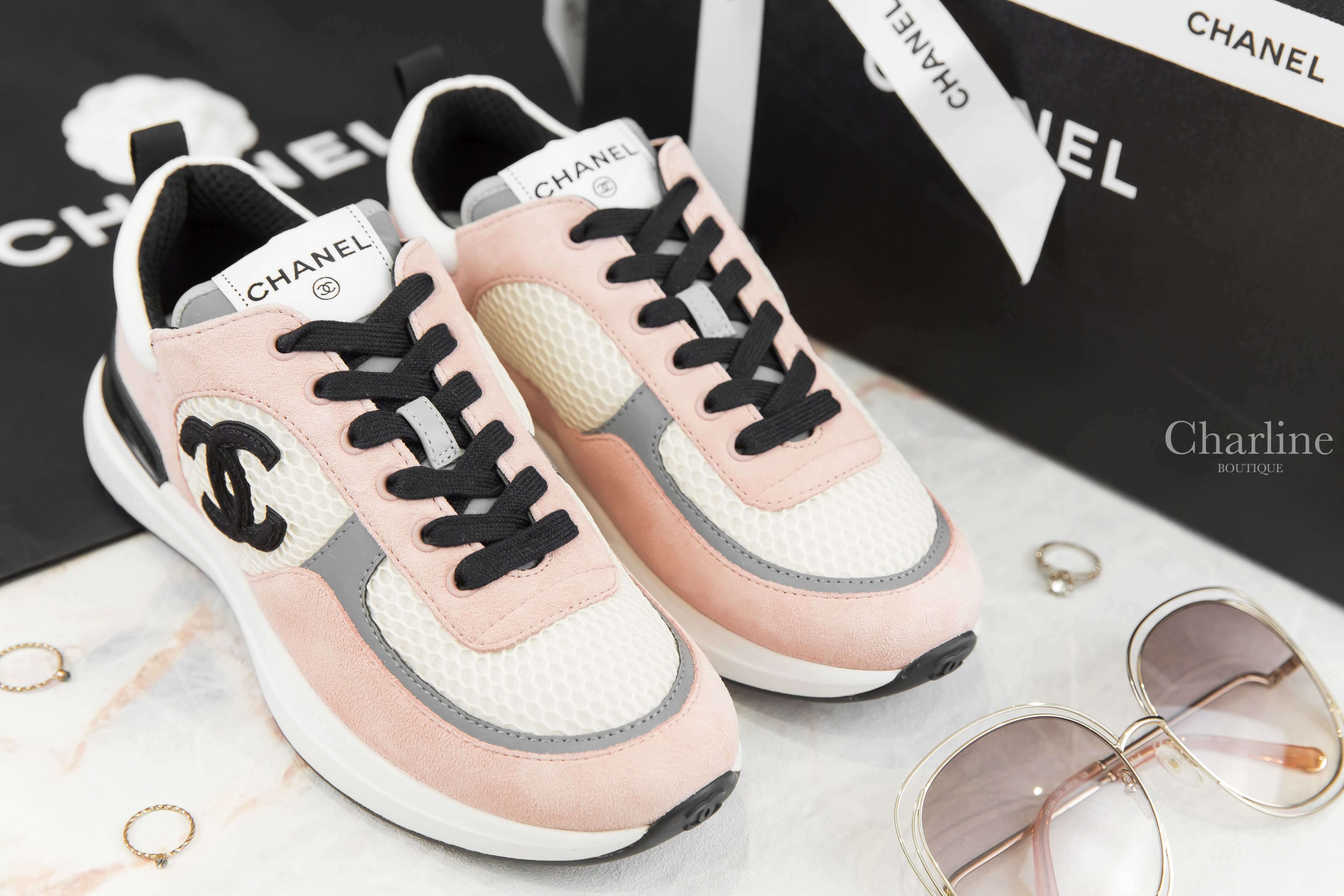 Chanel Trainers 粉色麂皮拼白色網狀布面灰色皮革黑CC運動鞋