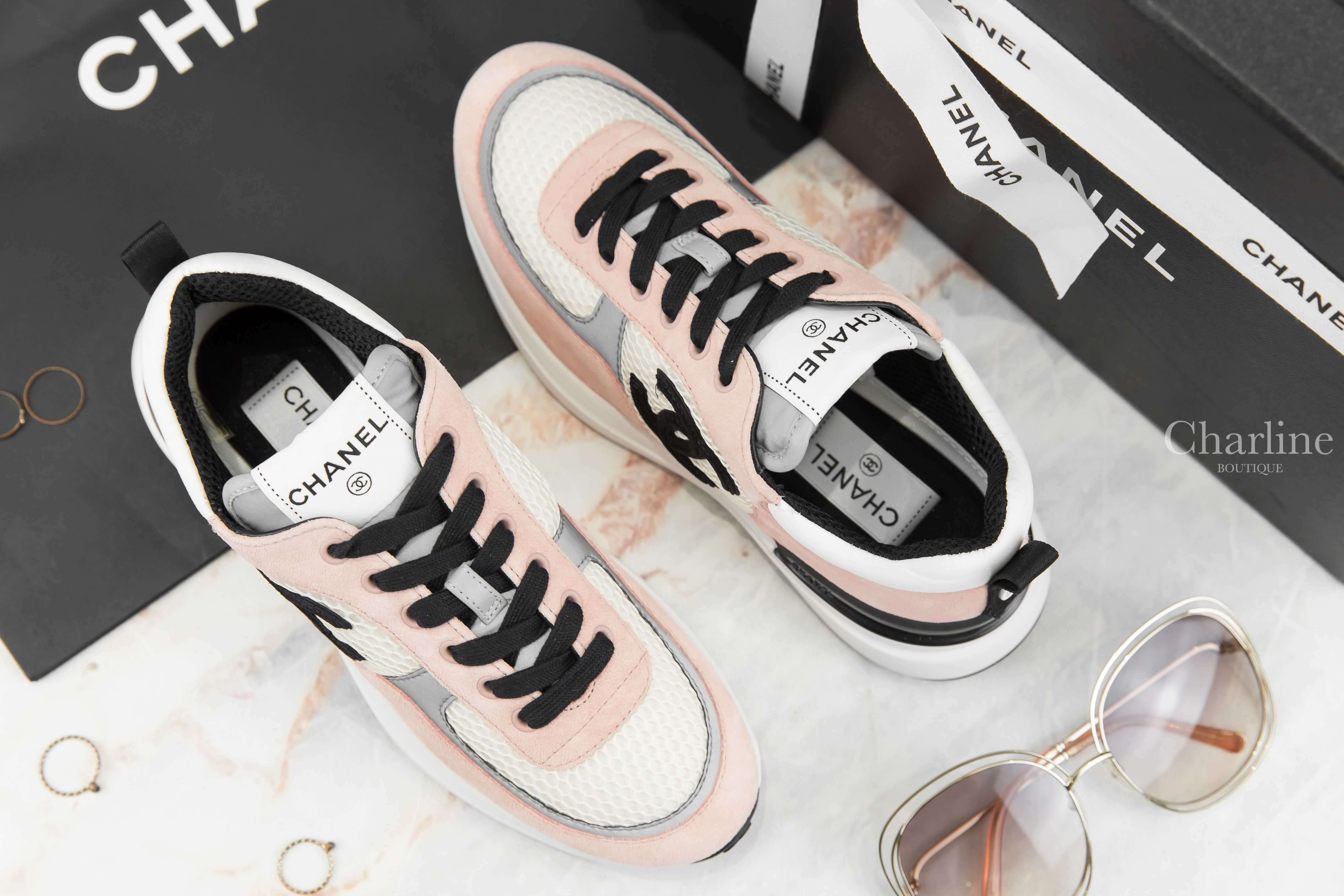 Chanel Trainers 粉色麂皮拼白色網狀布面灰色皮革黑CC運動鞋-Charline Boutique 精品代購