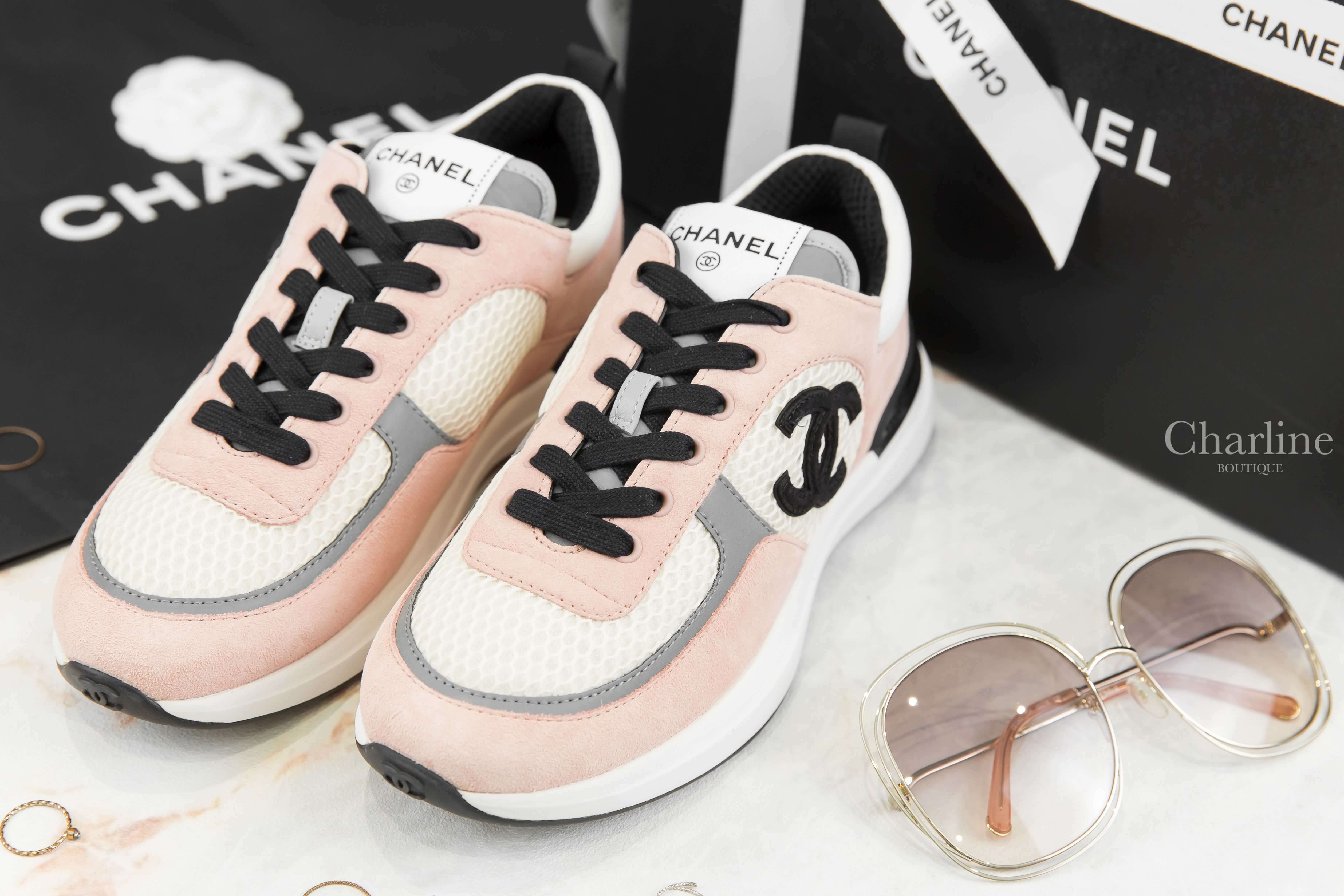 Chanel Trainers 粉色麂皮拼白色網狀布面灰色皮革黑CC運動鞋-Charline Boutique 精品代購