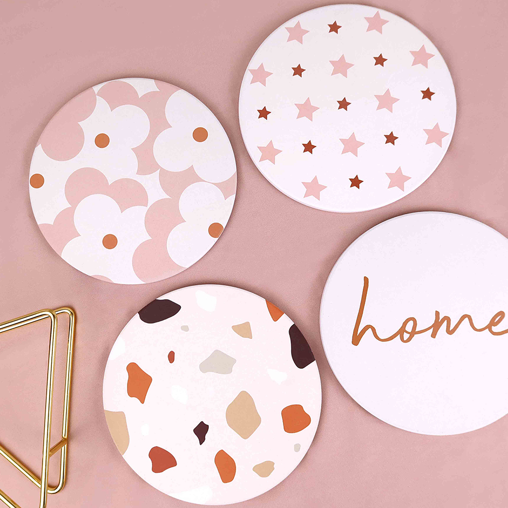 粉嫩陶瓷吸水隔熱鍋墊-四入組(附收納架)