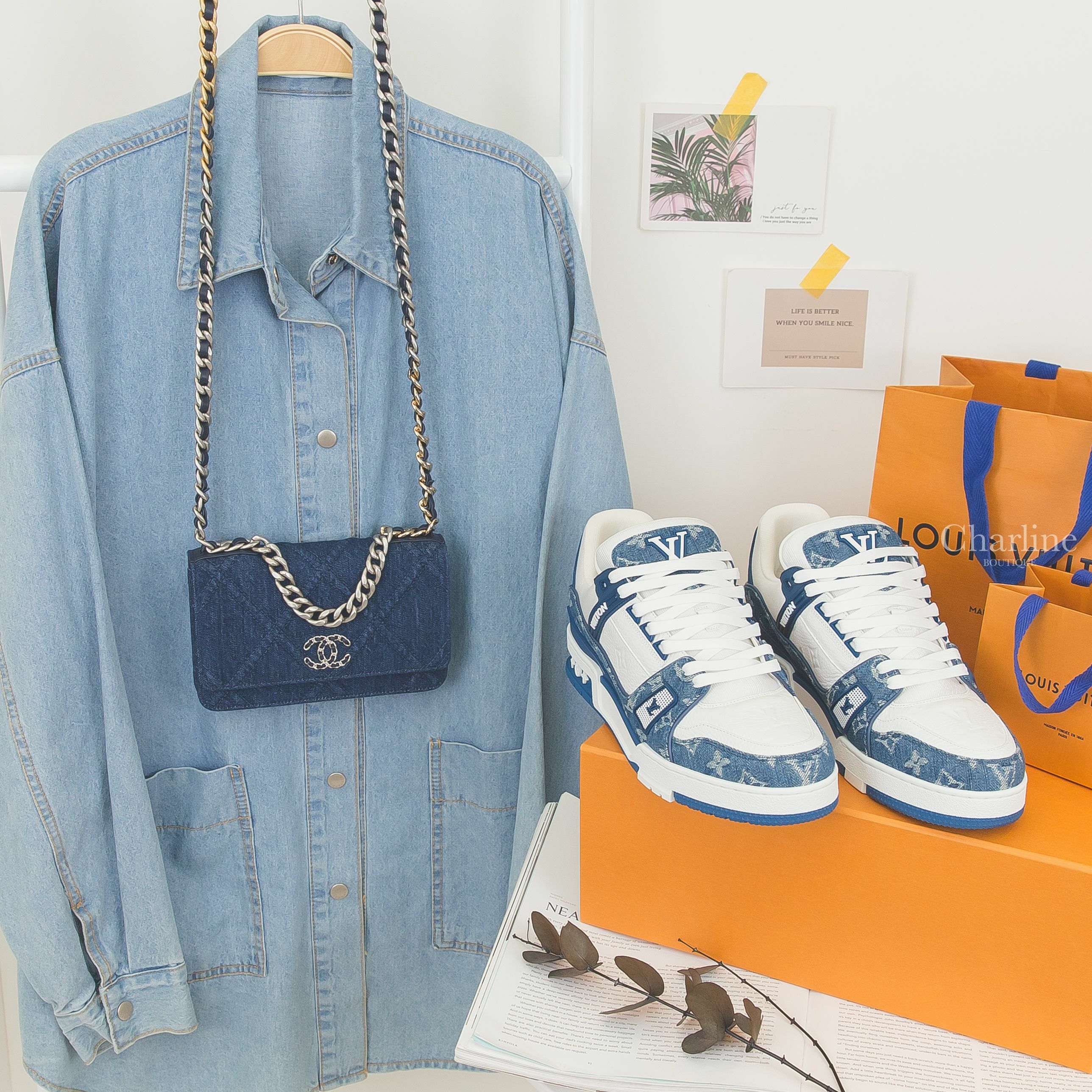Louis Vuitton LV Trainers 藍底丹寧布白色老花拼白色小牛皮運動鞋,Chanel 19 Wallet On Chain 深藍色銀CC金銀漸層鍊帶丹寧布大菱格紋肩背包-Charline Boutique 精品代購