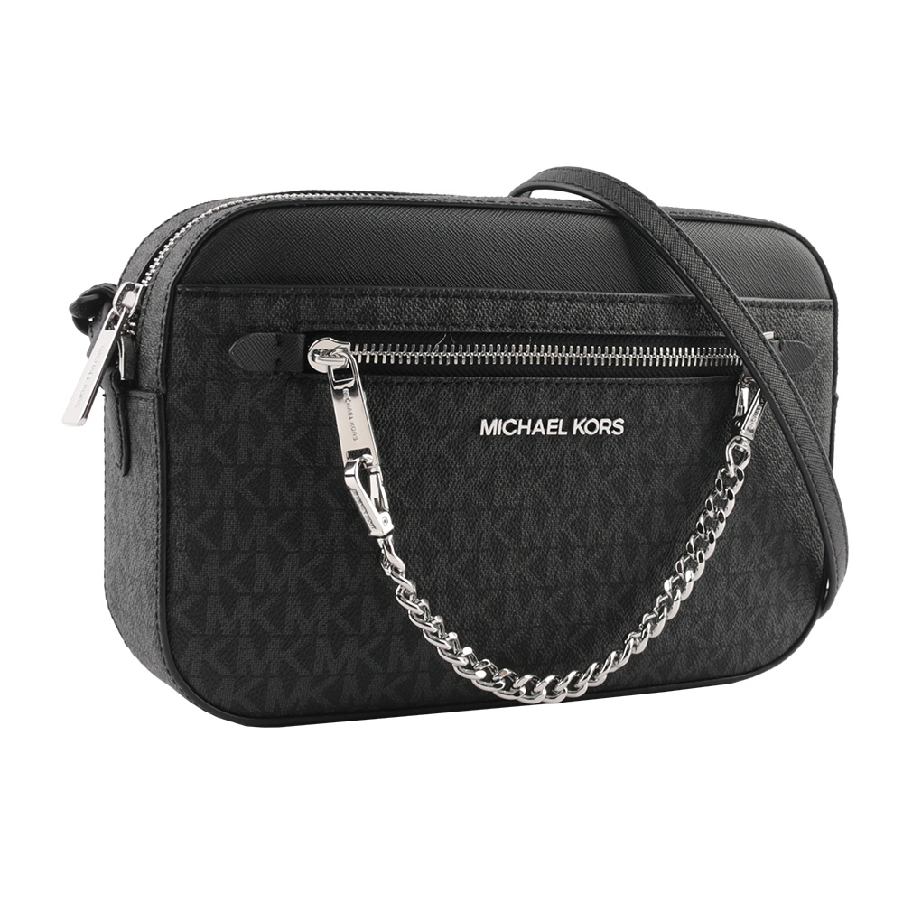 【Michael Kors】銀字滿版塗層帆布附鏈帶前口袋方包(黑色)